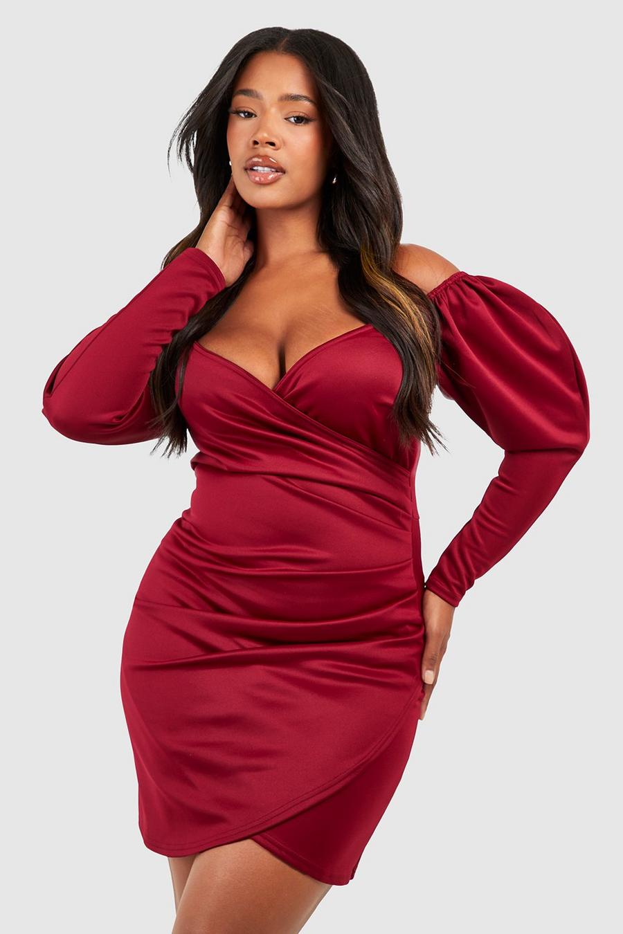 Grande taille - Robe portefeuille plissée à épaules dénudées, Berry