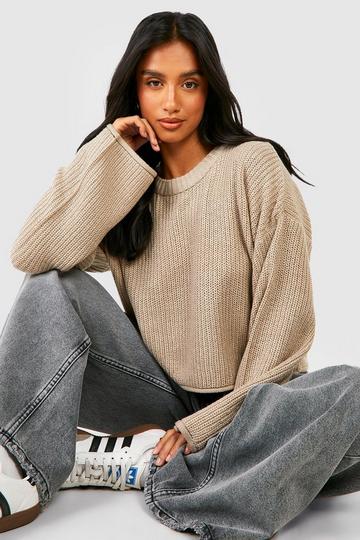 Petite Crew Neck Cropped Fisherman Sweater mushroom