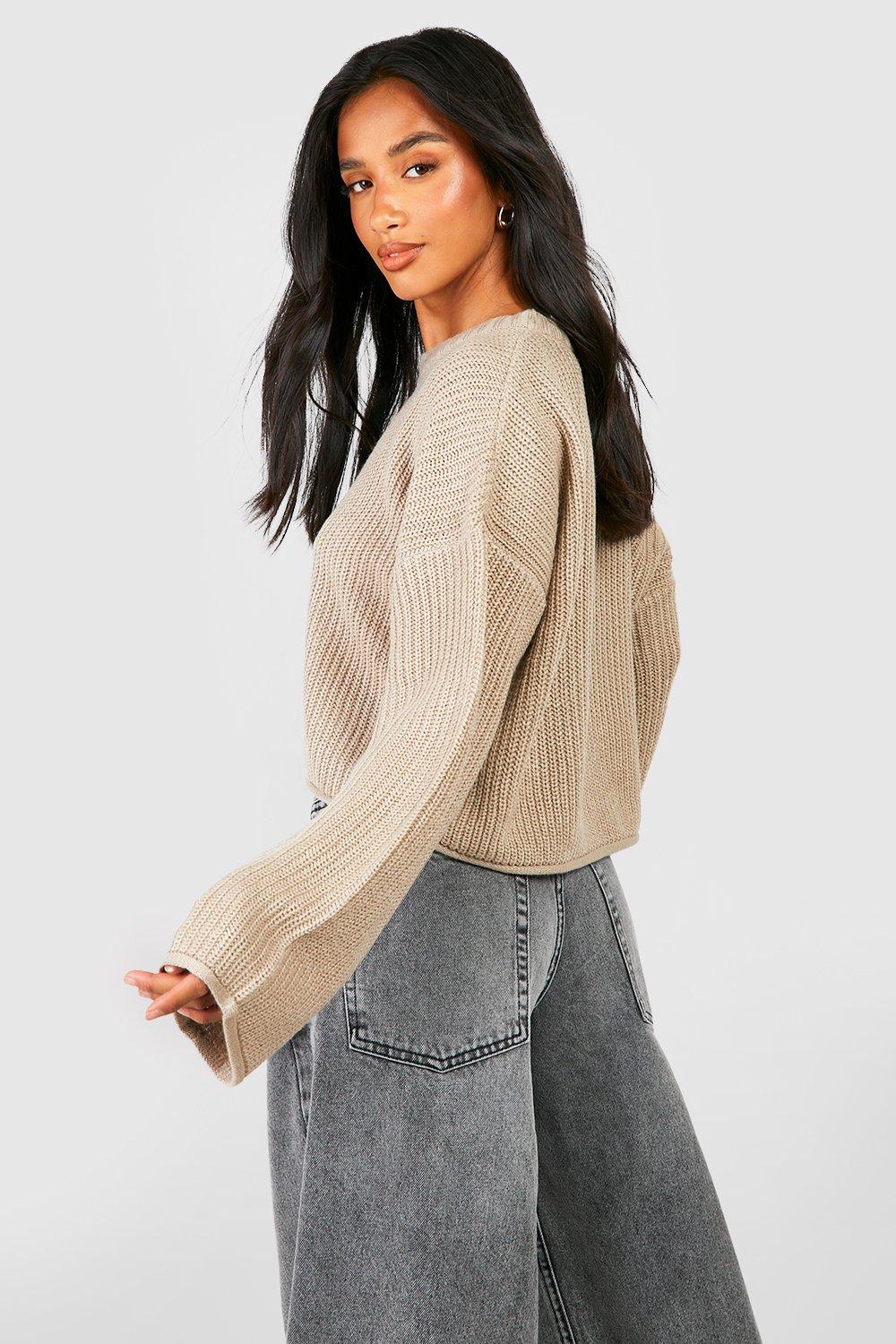 Petite Crew Neck Cropped Fisherman Sweater