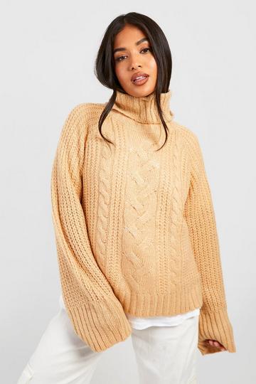 Beige Petite Turtleneck Cable Sweater