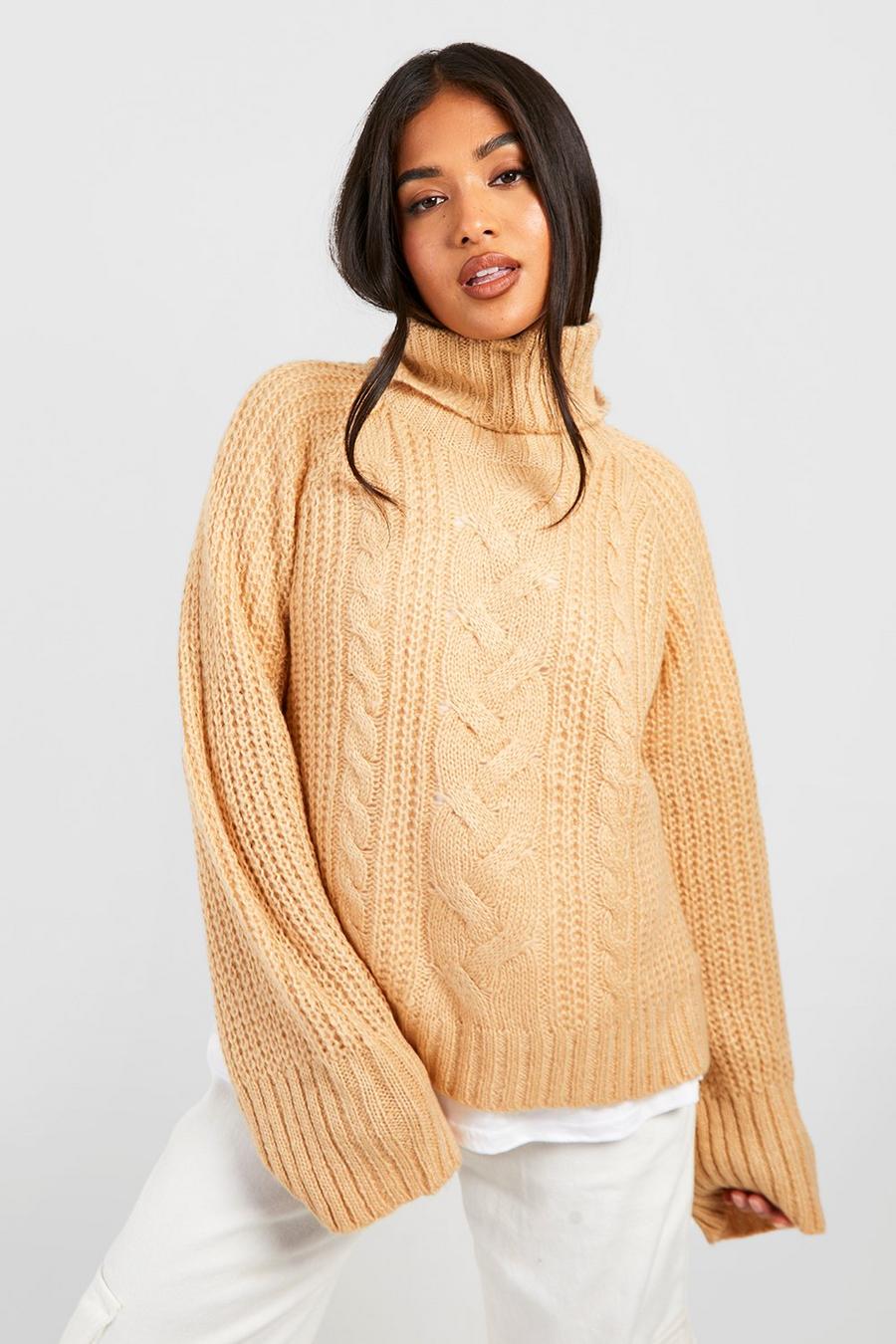 Light beige Petite Turtleneck Cable Sweater