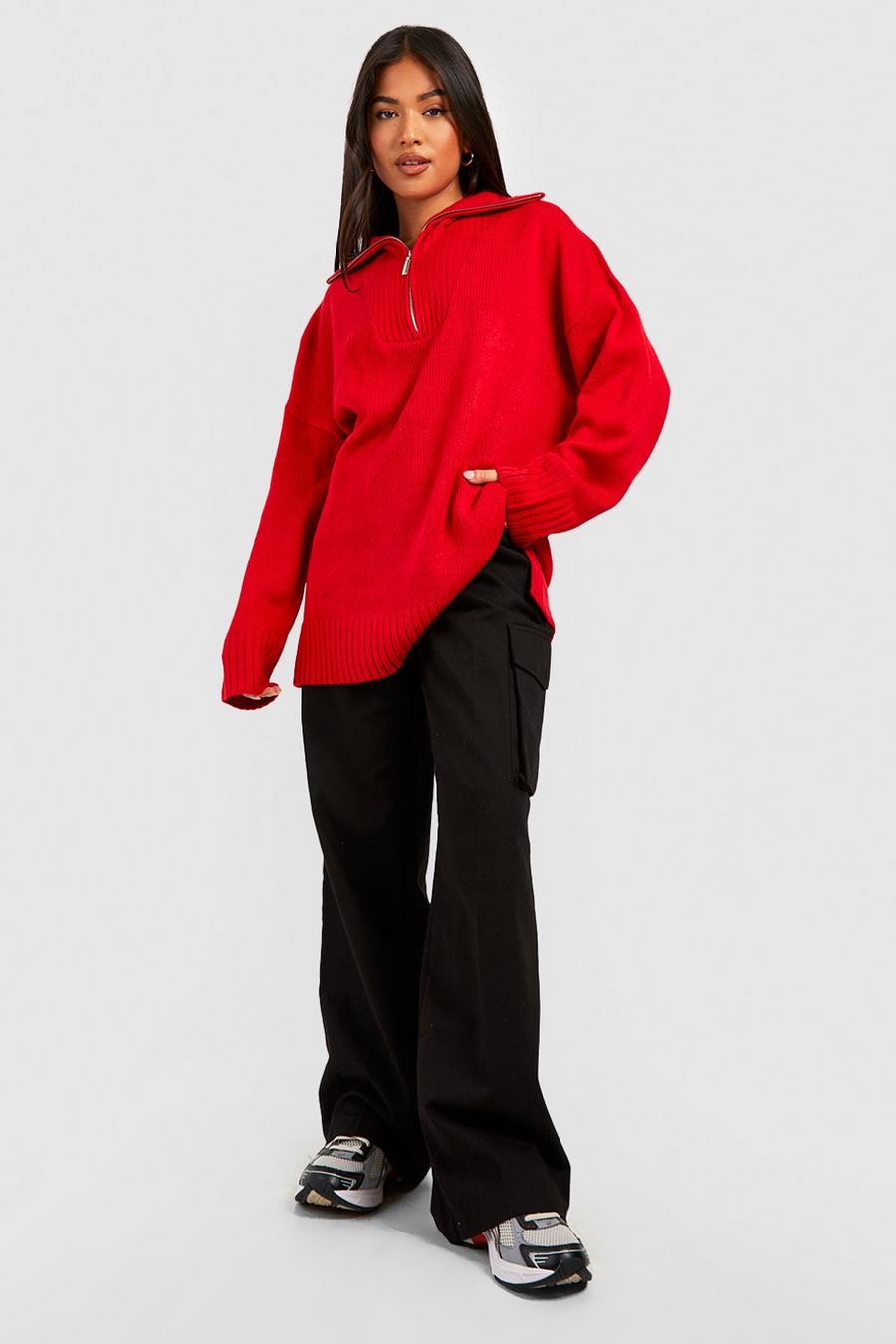 Maglione Petite con zip, colletto e spalle scese, Red rosso