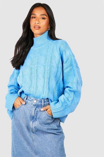 Blue Petite Crew Neck Cable Sweater