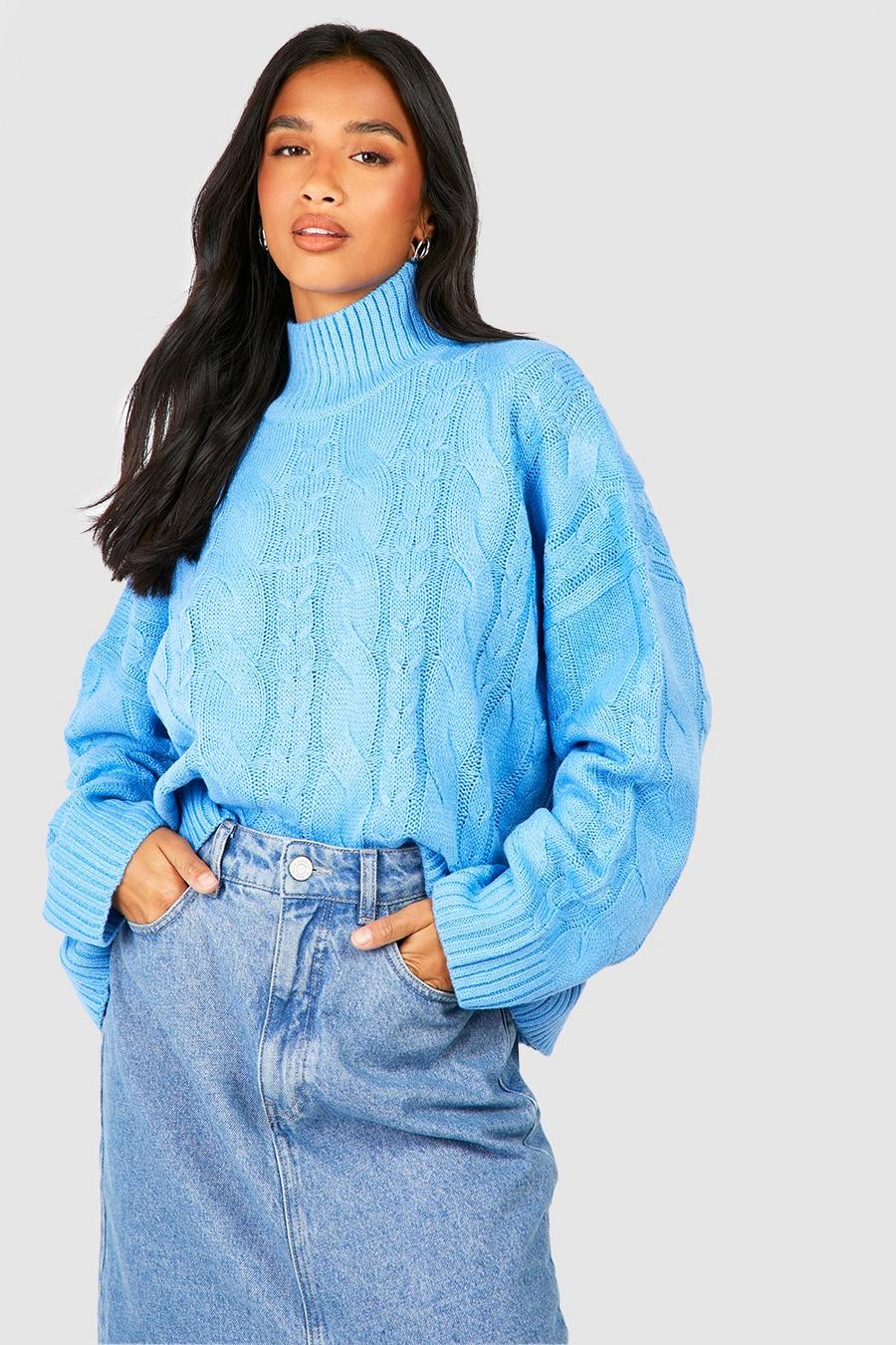 Petite Rundhals-Pullover mit Zopfmuster, Pale blue image number 1
