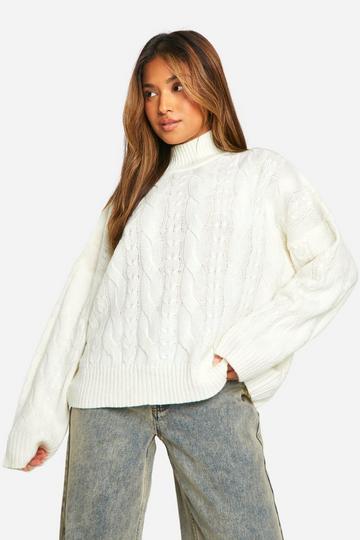 Cream White Petite Crew Neck Cable Sweater