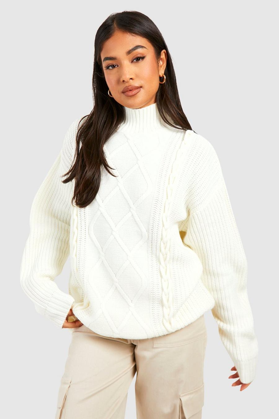 Cream Petite Crew Neck Cable Sweater image number 1
