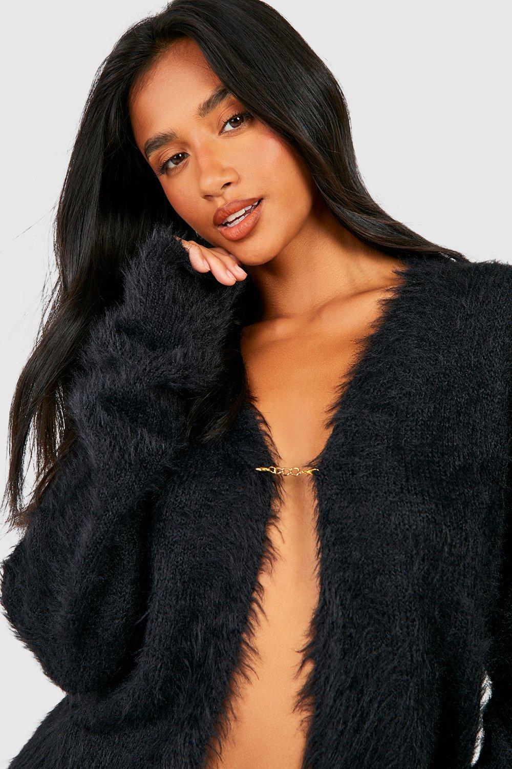 Short black shop fluffy cardigan