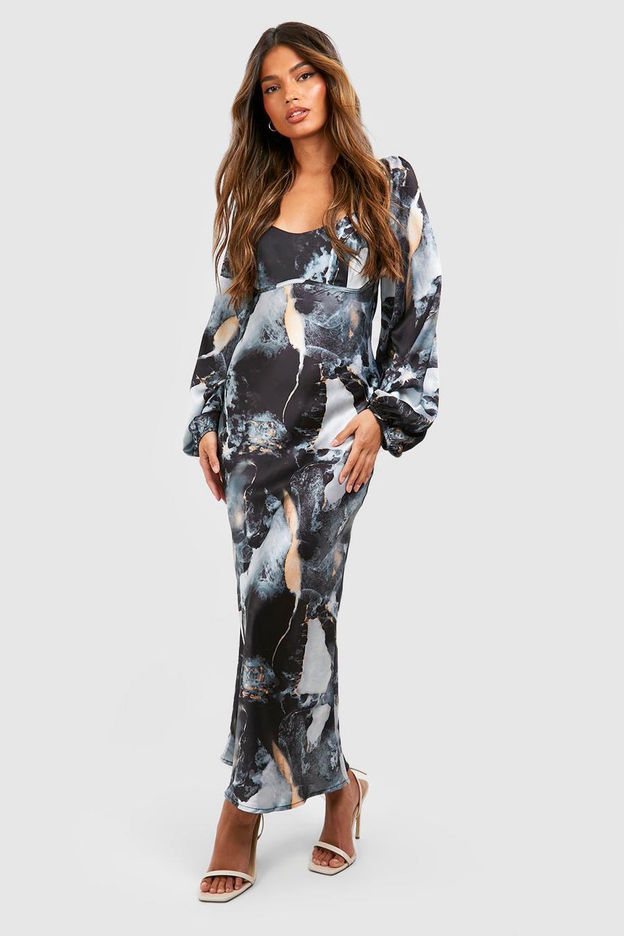 Charcoal Marble Print Blouson Sleeve Midi Dress image number 1