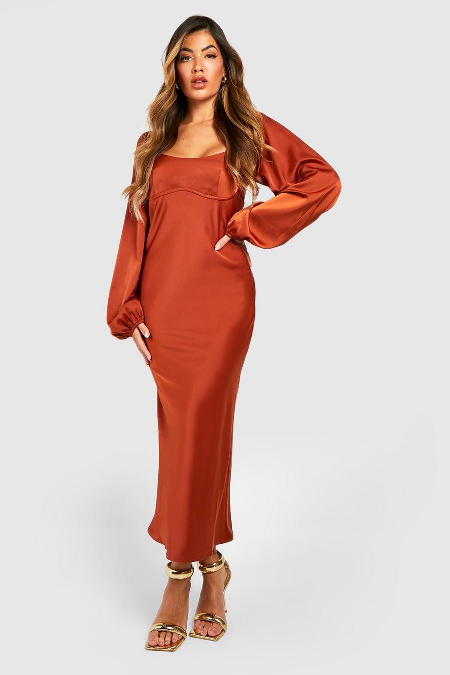 Rust naranja Satin Blouson Sleeve Midaxi Dress