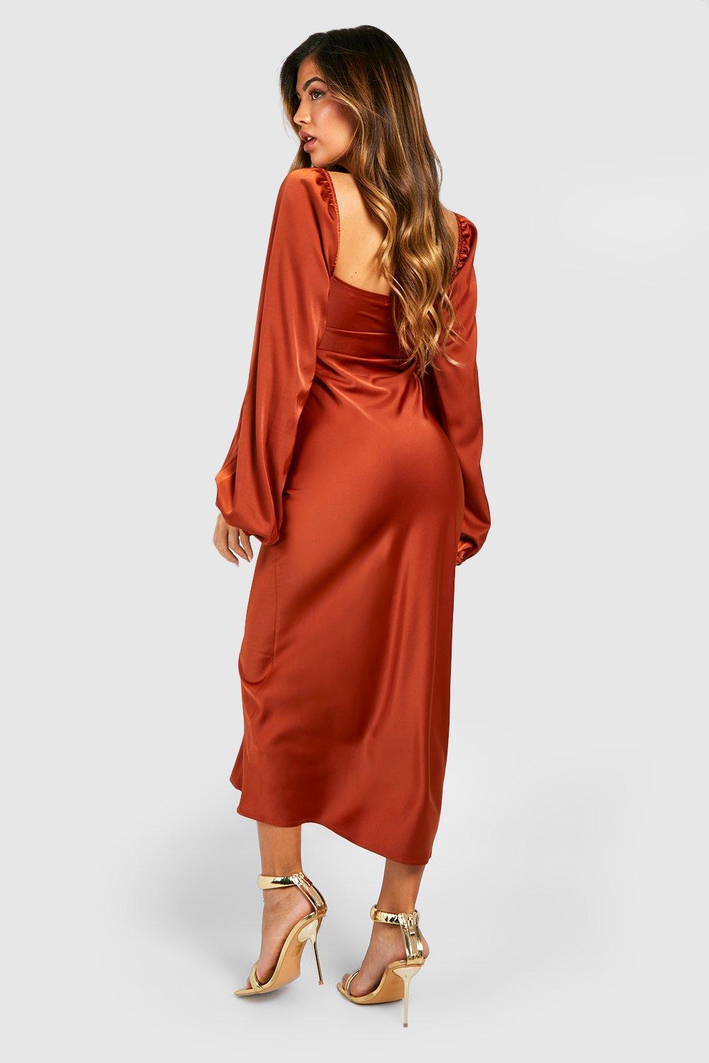 Satin Blouson Sleeve Midi Dress