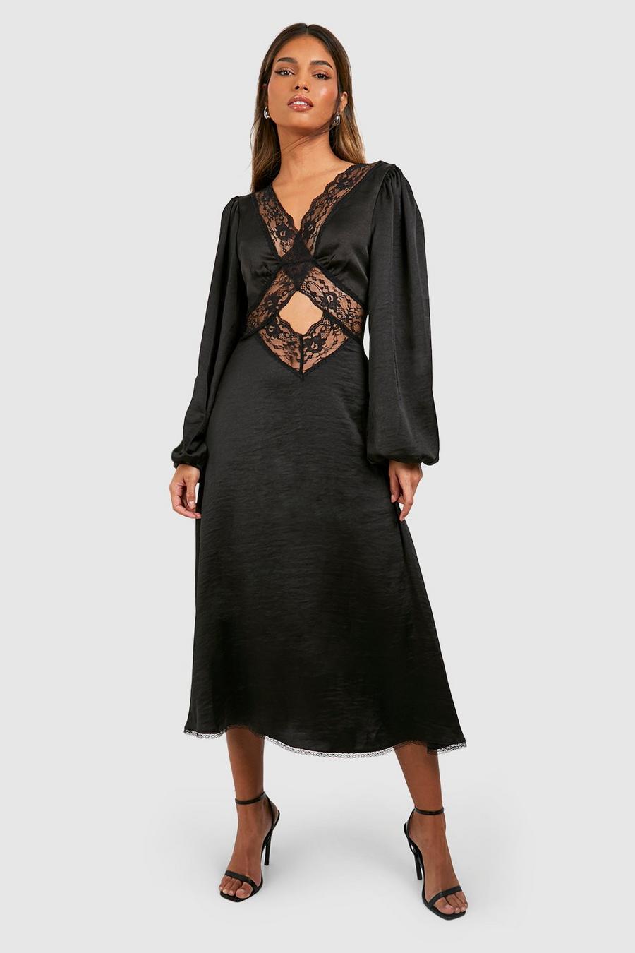 Black svart Satin Lace Detail Blouson Sleeve Midi Dress