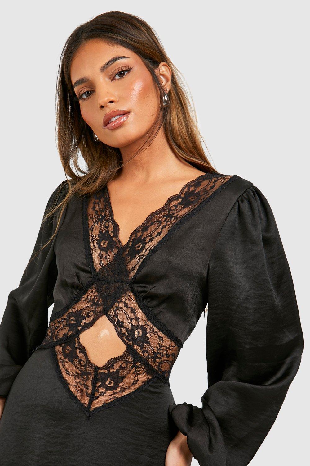 Satin Lace Detail Blouson Sleeve Midi Dress boohoo