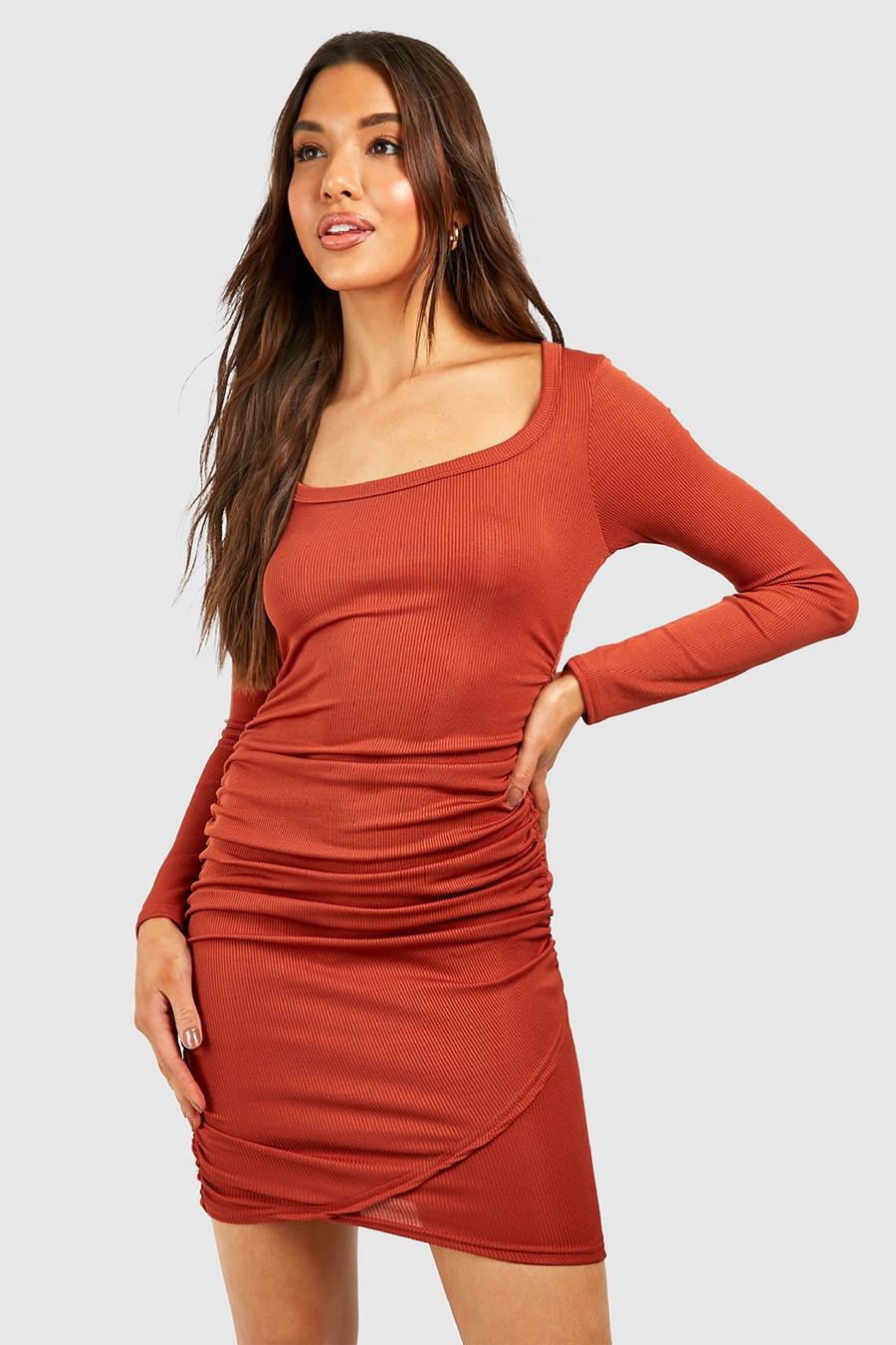 Tan Soft Rib Rouched Scoop Neck Mini Dress image number 1