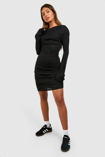 Black Soft Rib Ruched Asymmetric Mini Dress