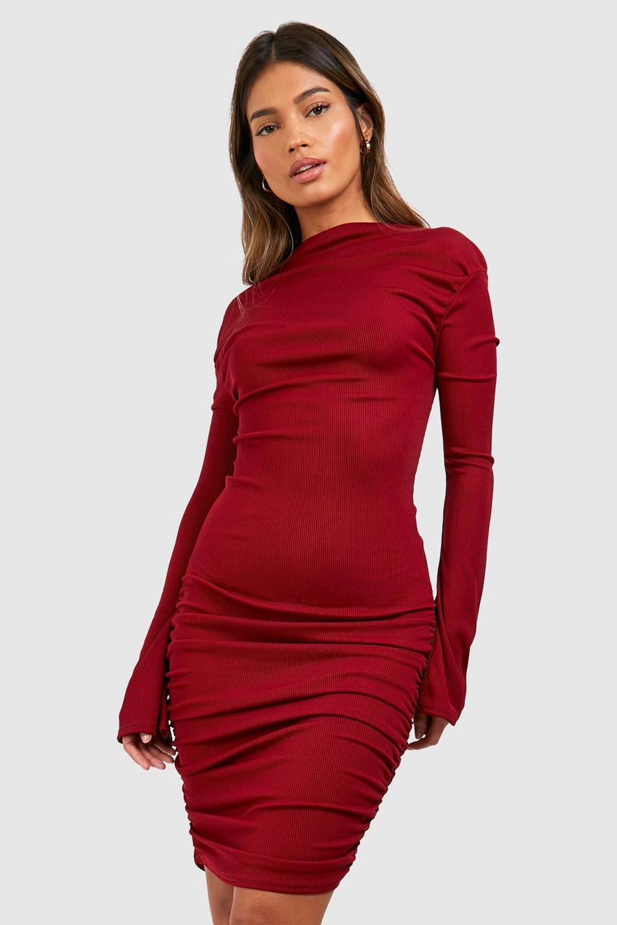 Vestido mini asimétrico fruncido de canalé suave, Maroon rojo