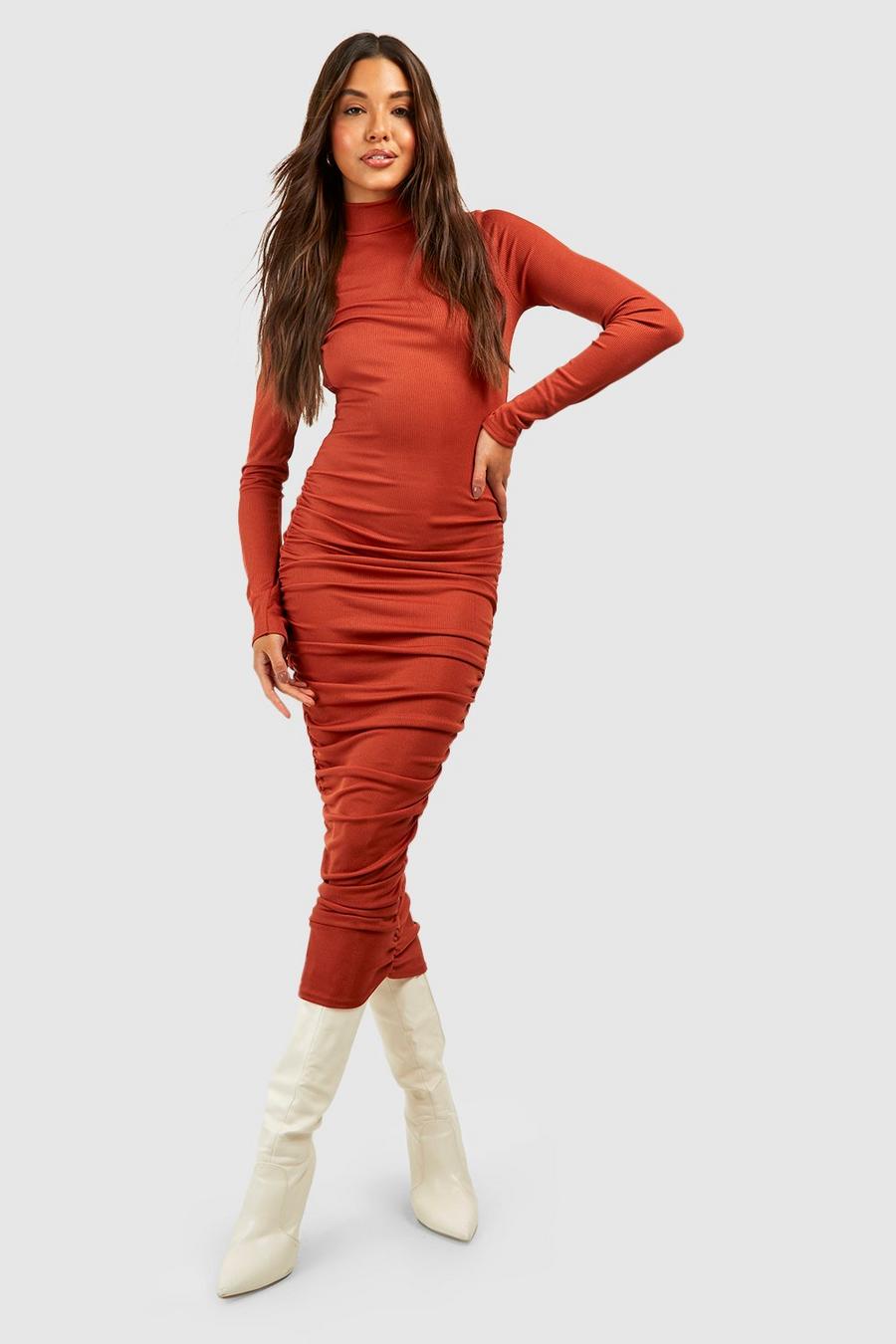 Tan Soft Rib Rouched Roll Neck Midi Dress image number 1