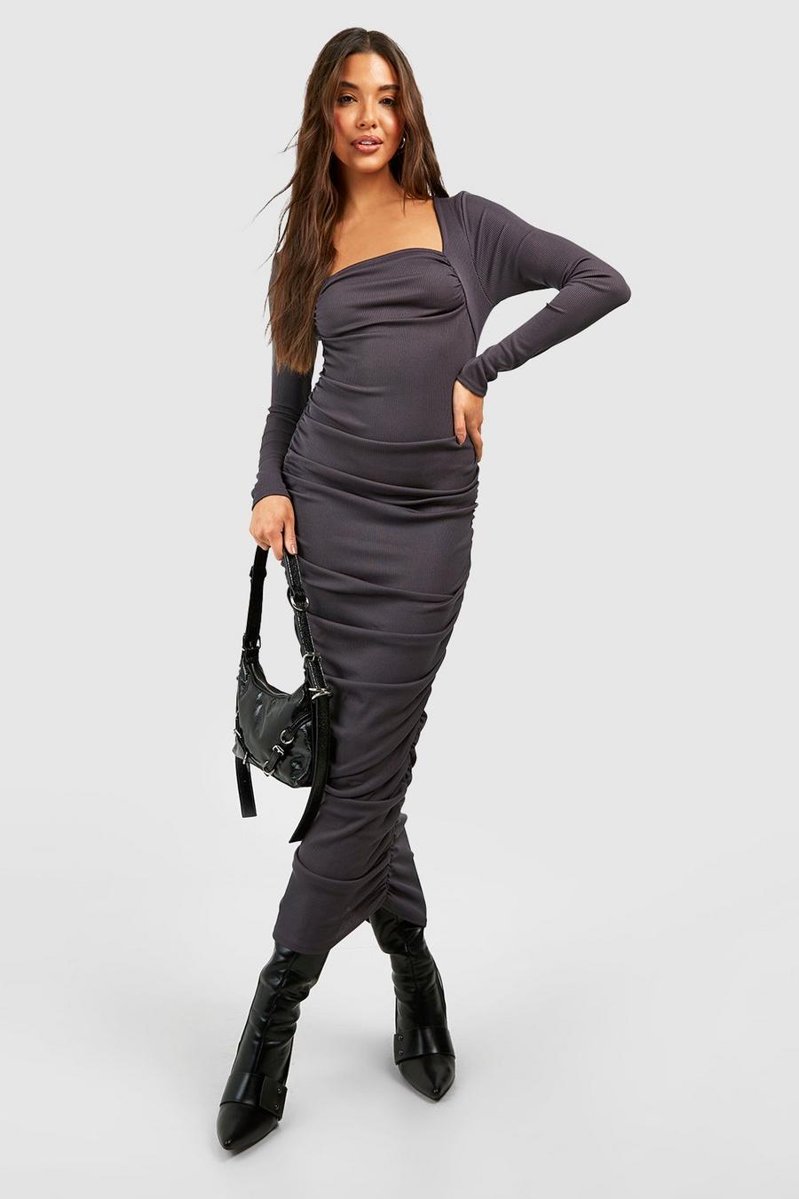 Charcoal Soft Rib Rouched Bust Midi Dress image number 1
