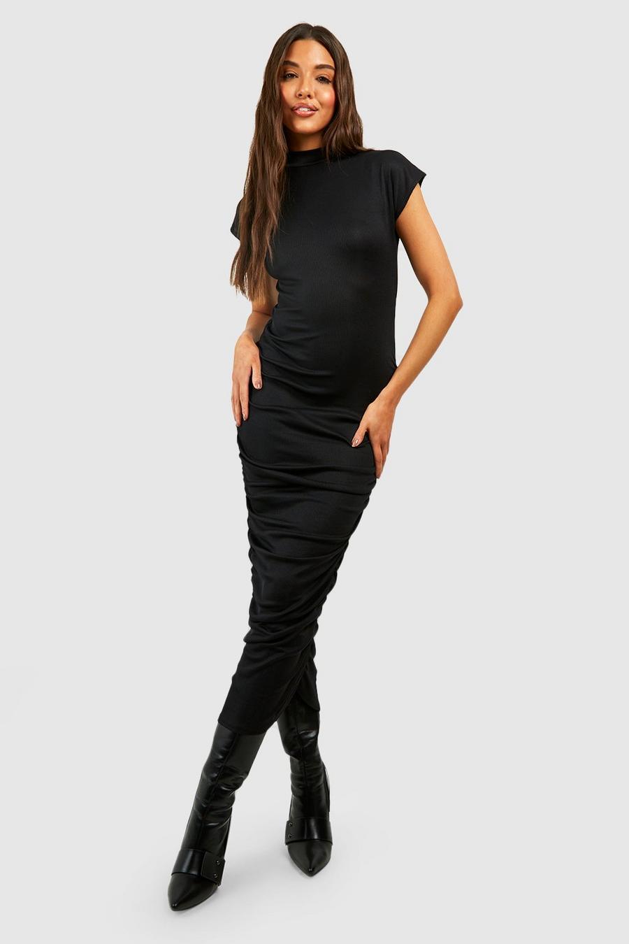 Black Soft Rib Ruched High Neck Midi Dress image number 1