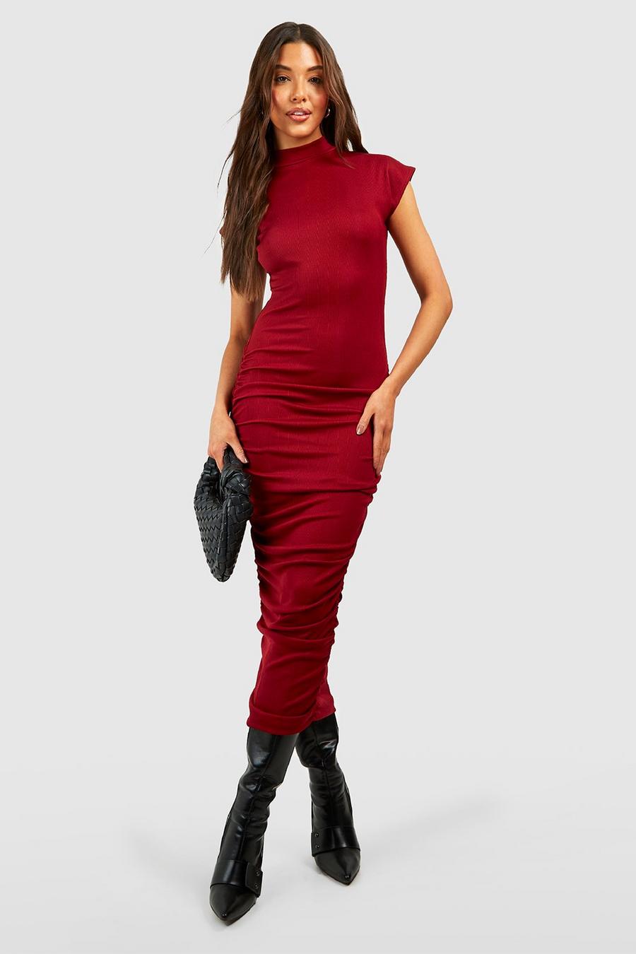 Maroon Soft Rib Rouched High Neck Midi Dress image number 1