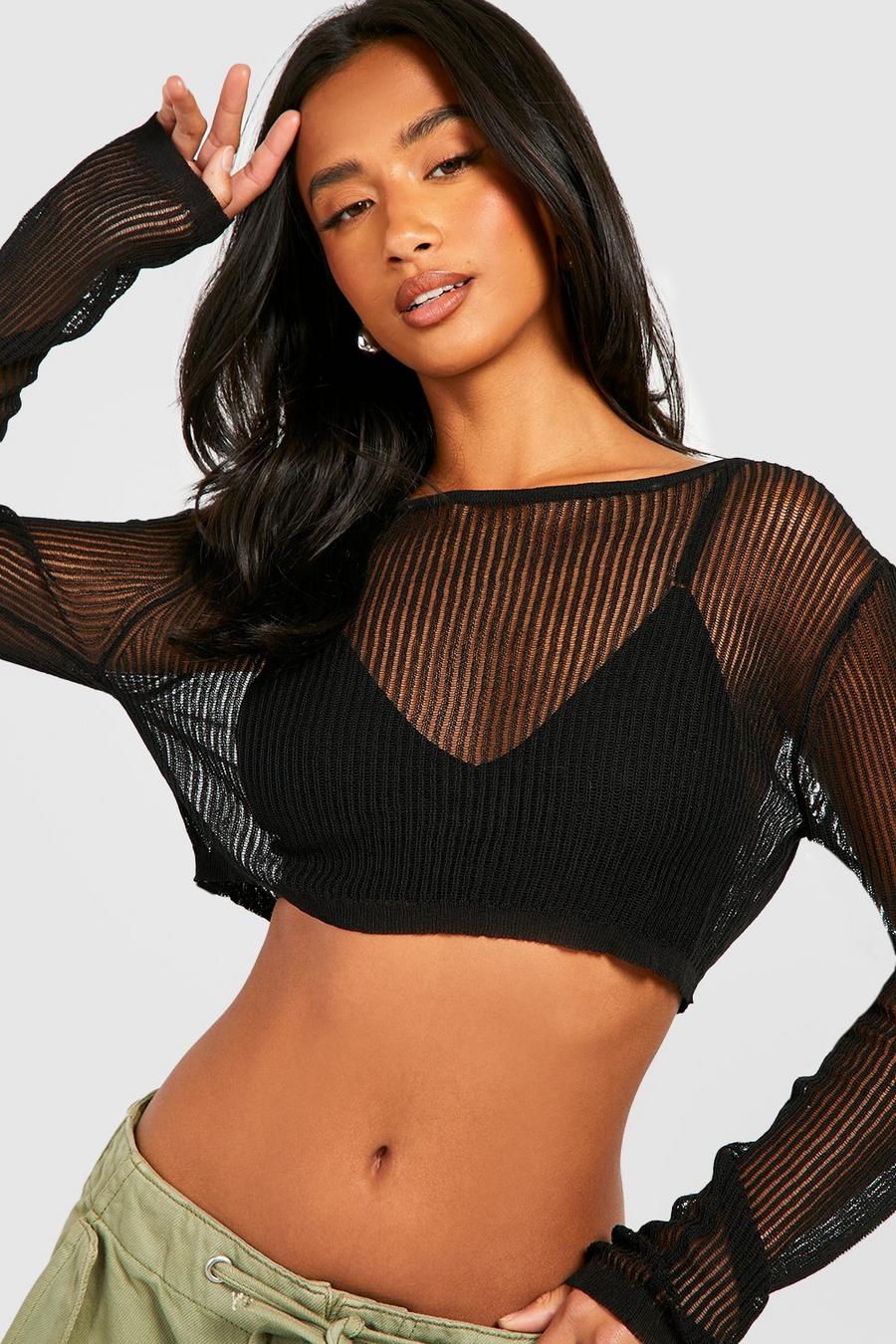 Black Petite Sheer Ladder Stitch Knitted Top image number 1