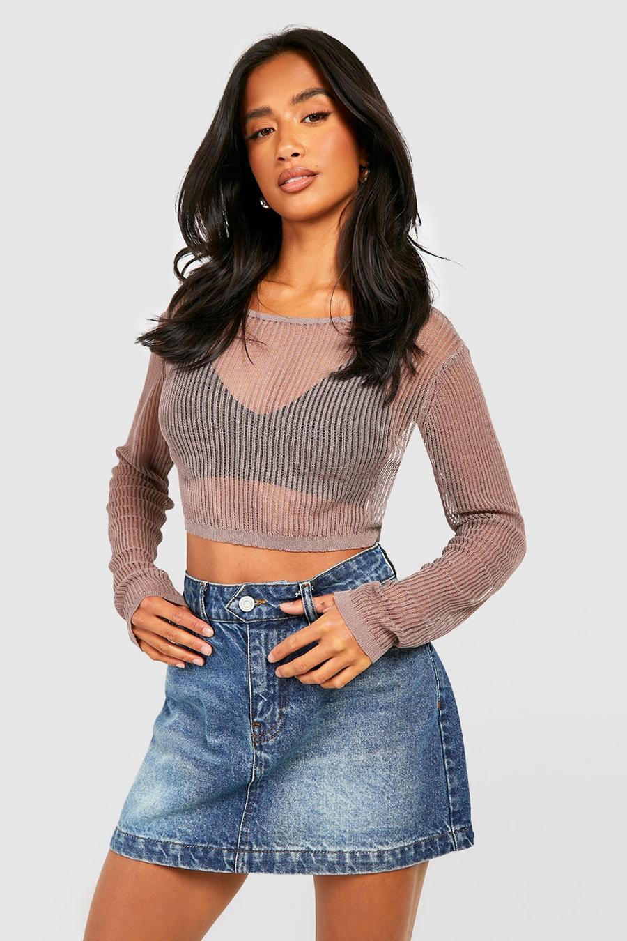 Mocha Petite Sheer Ladder Stitch Knitted Top