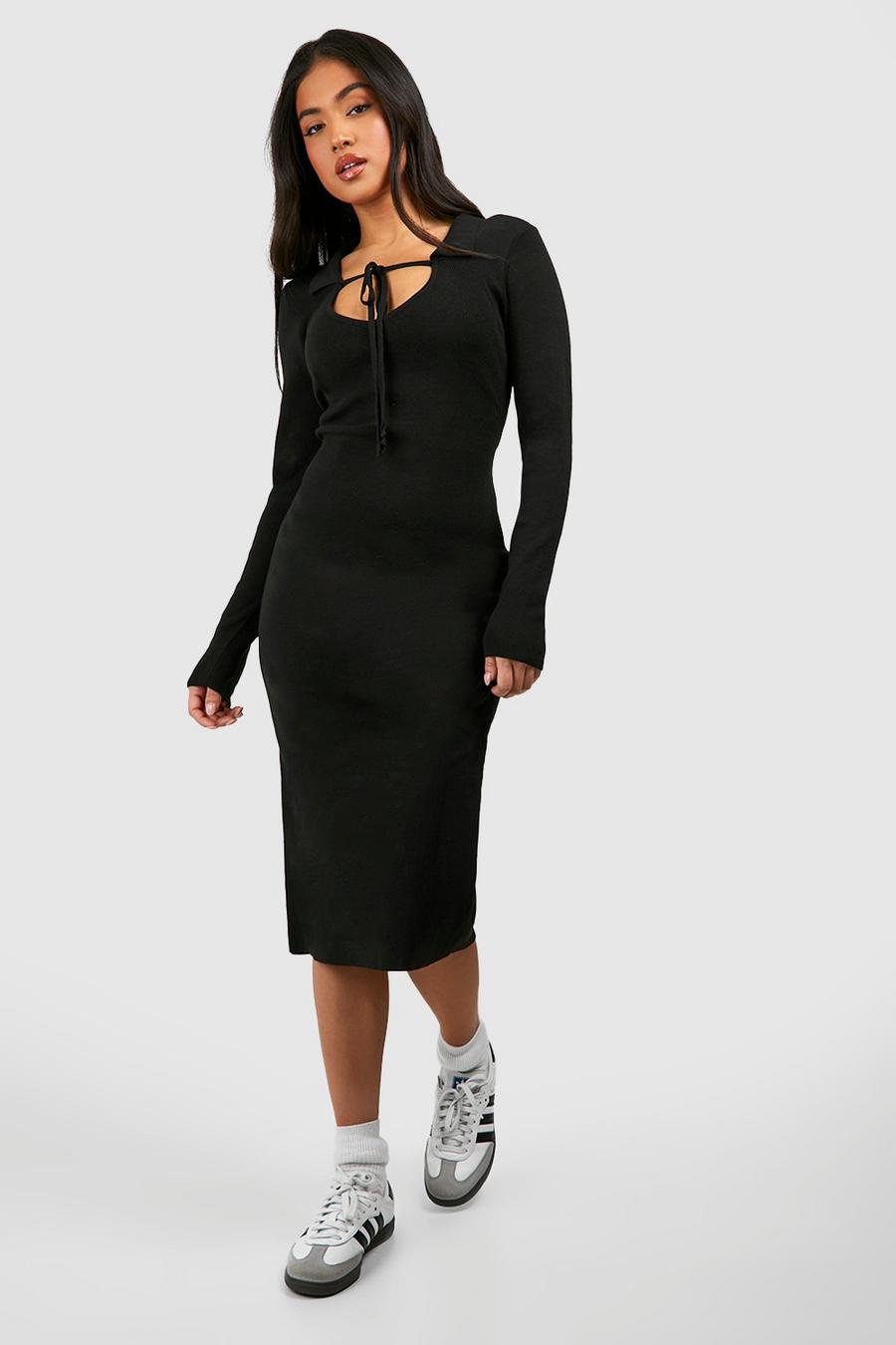 Black Petite Knitted Collared Midi Dress image number 1