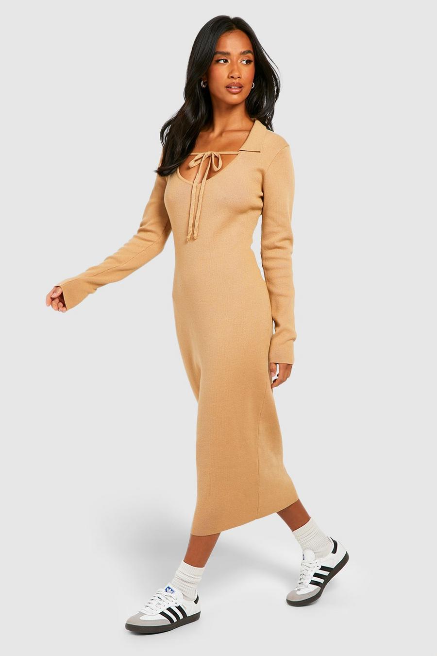 Sand Petite Knitted Collared Midi Dress image number 1