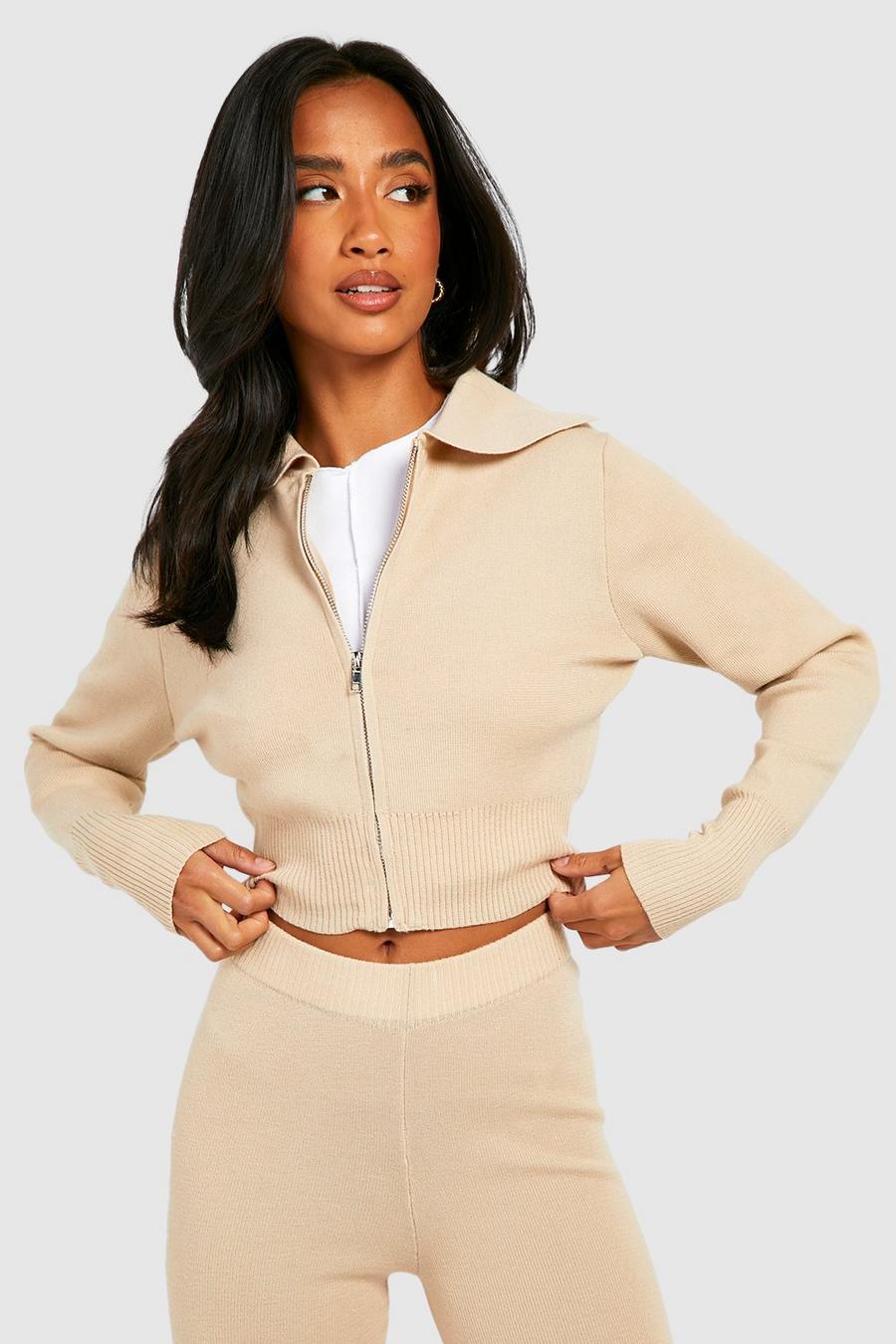 Stone Petite Hooded Cropped Zip Up Cardigan