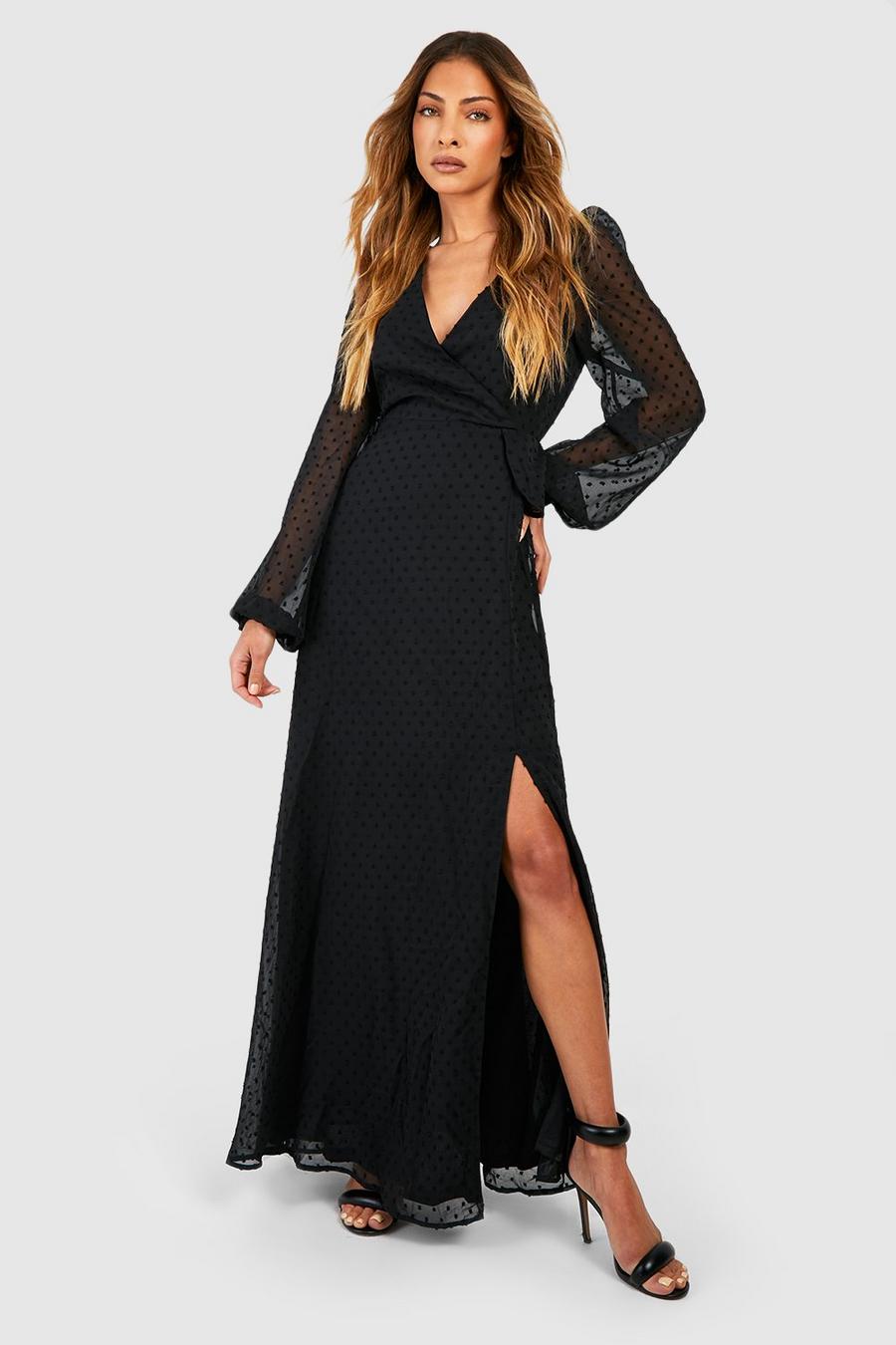 Black Dobby Blouson Sleeve Wrap Maxi Dress