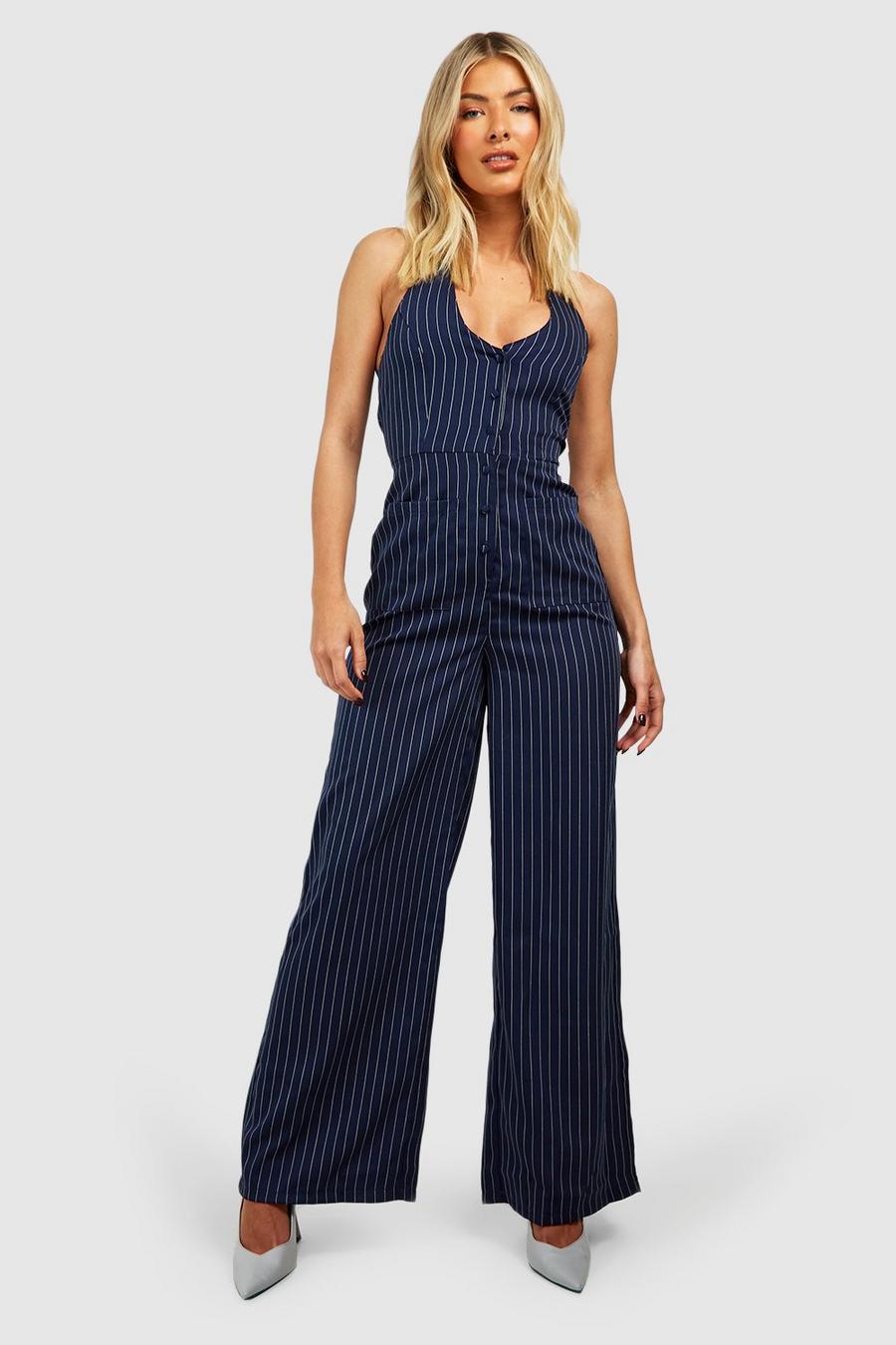 Navy Waistcoat Pinstripe Tailored Jumpsuit image number 1