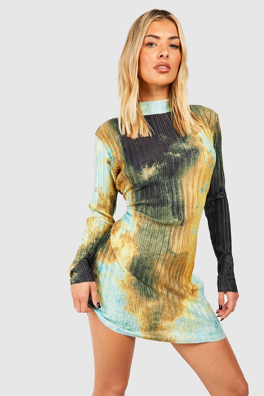 Multi Abstract Plisse High Neck Mini Dress image number 1