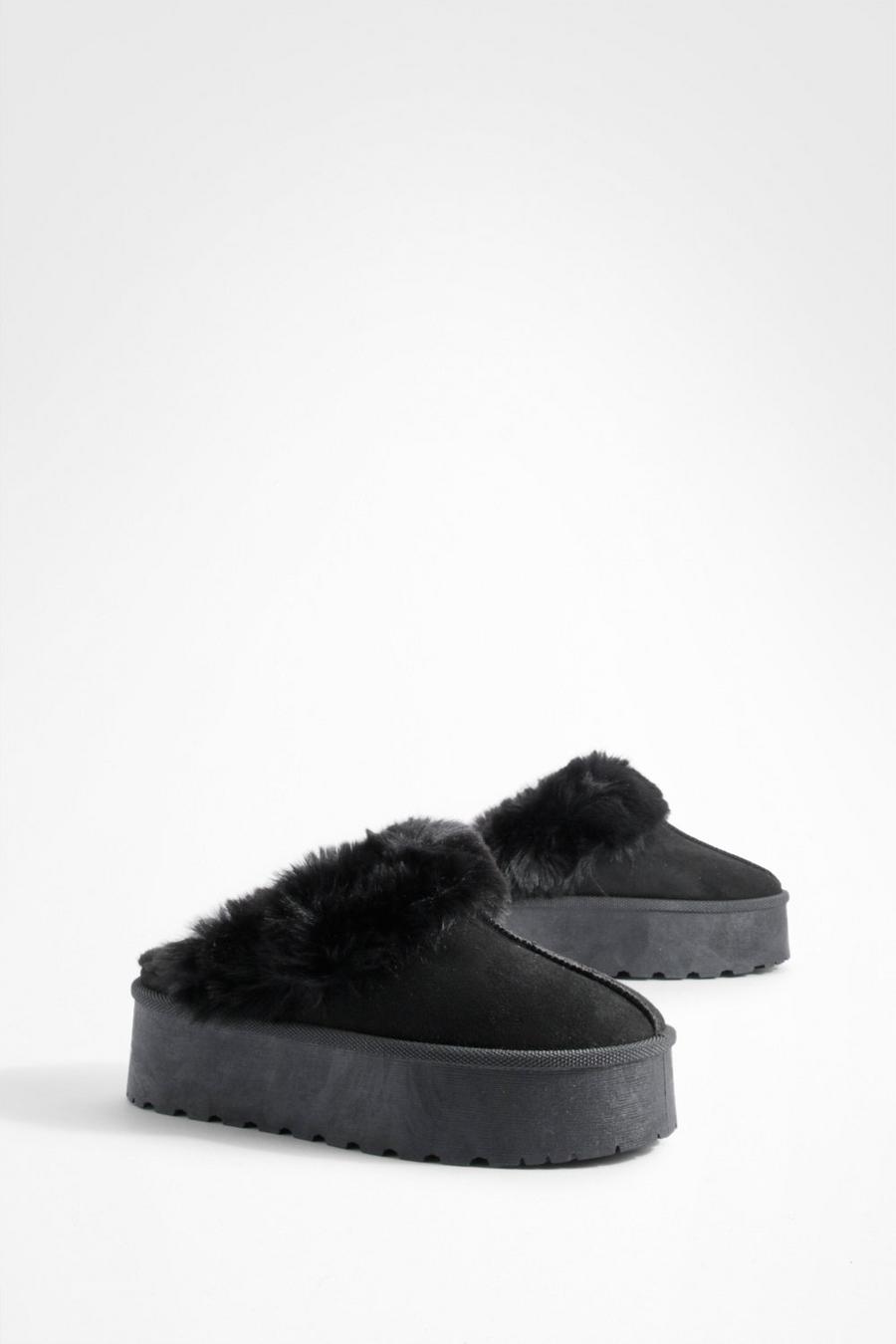Black Platform Fur Lined Cosy Mules    