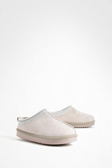 Embroidered Slip On Cozy Mules grey