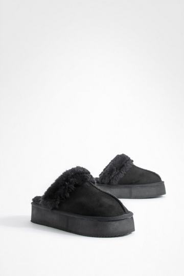 Fur Lined Platform Slip On Cozy Mules black