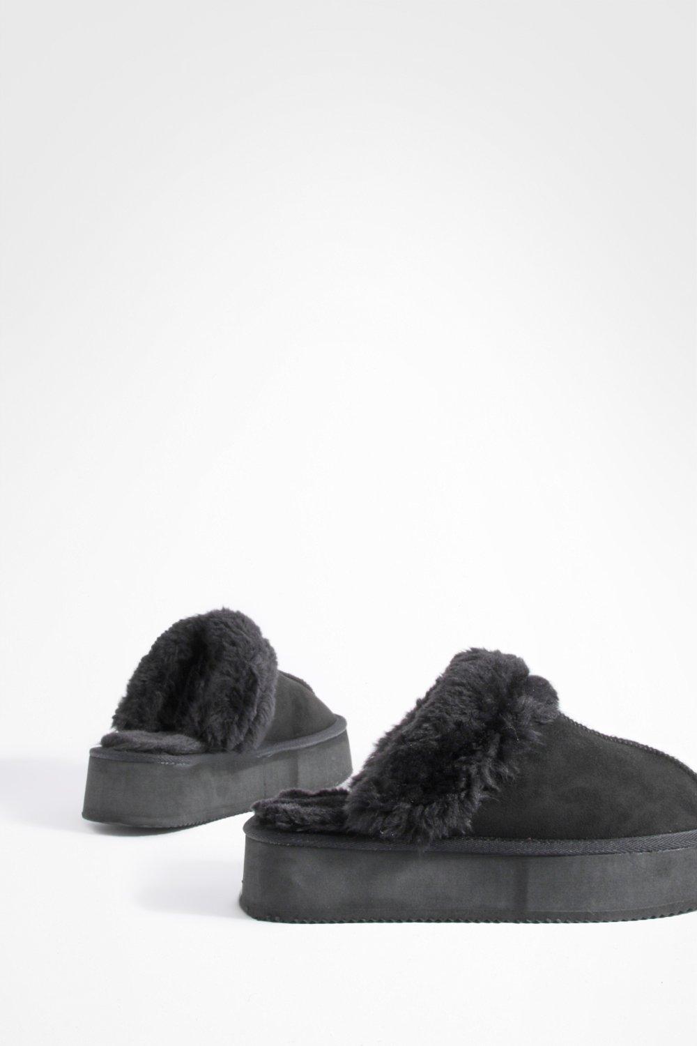 Fur Lined Platform Slip On Cosy Mules