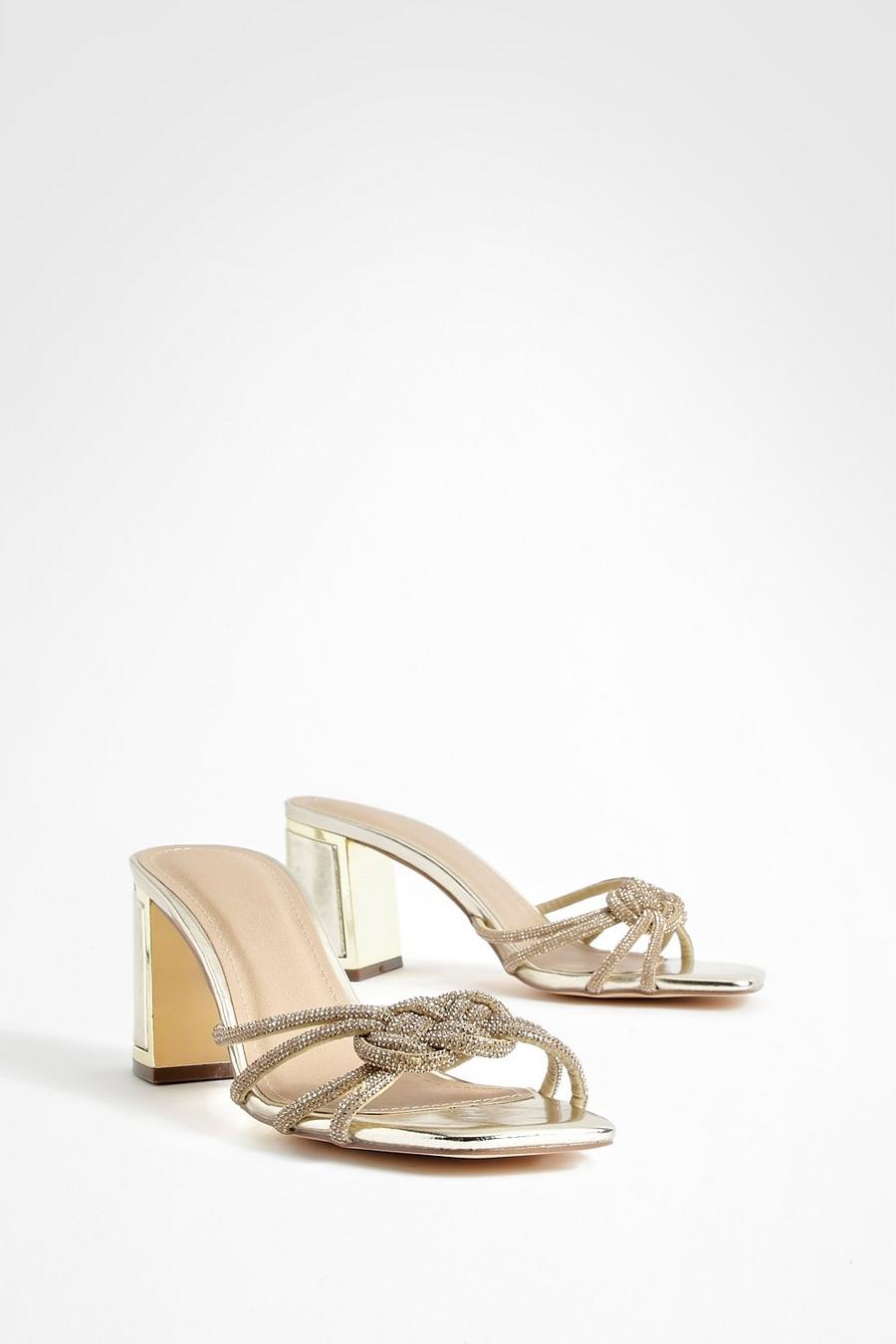 Gold Diamante Knot Front Heeled Mules image number 1