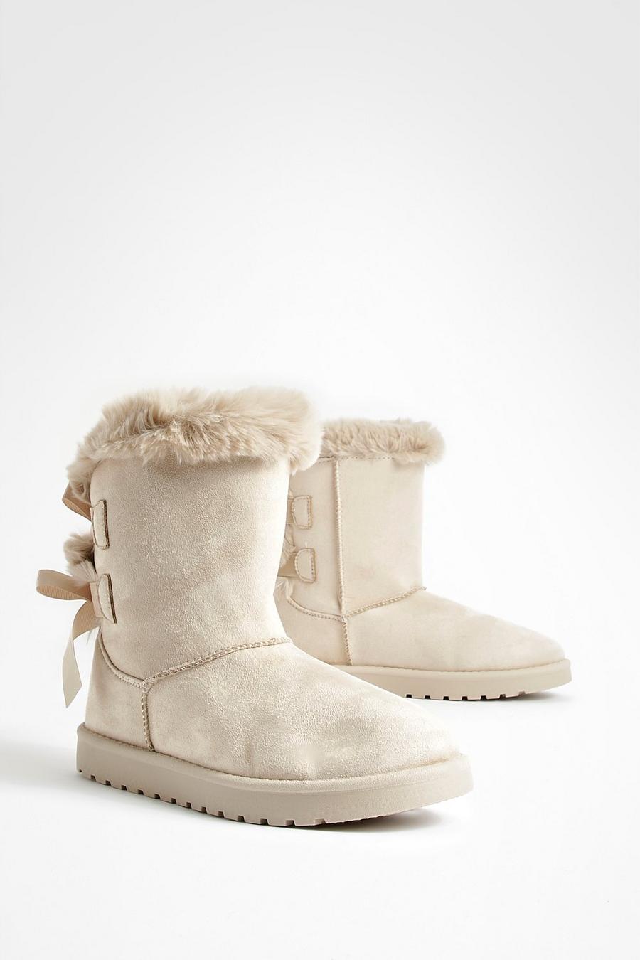 Beige Bow Detail Cozy Boots image number 1
