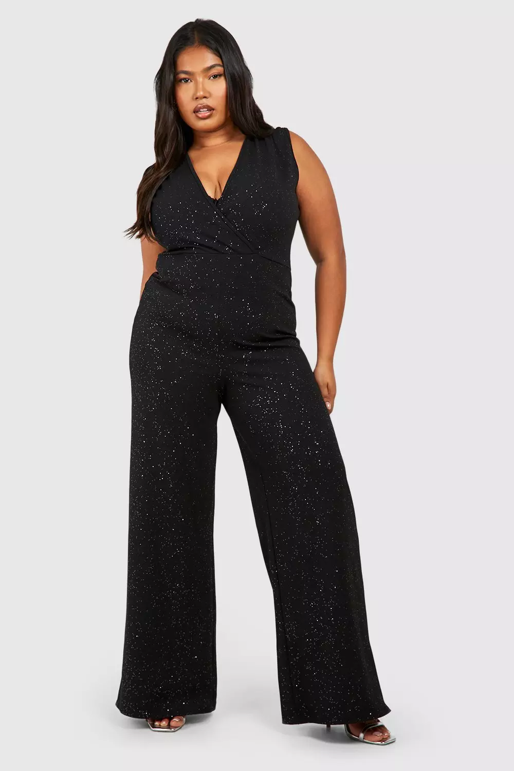 Black Plus Glitter Wrap Wide Leg Jumpsuit  alternative image