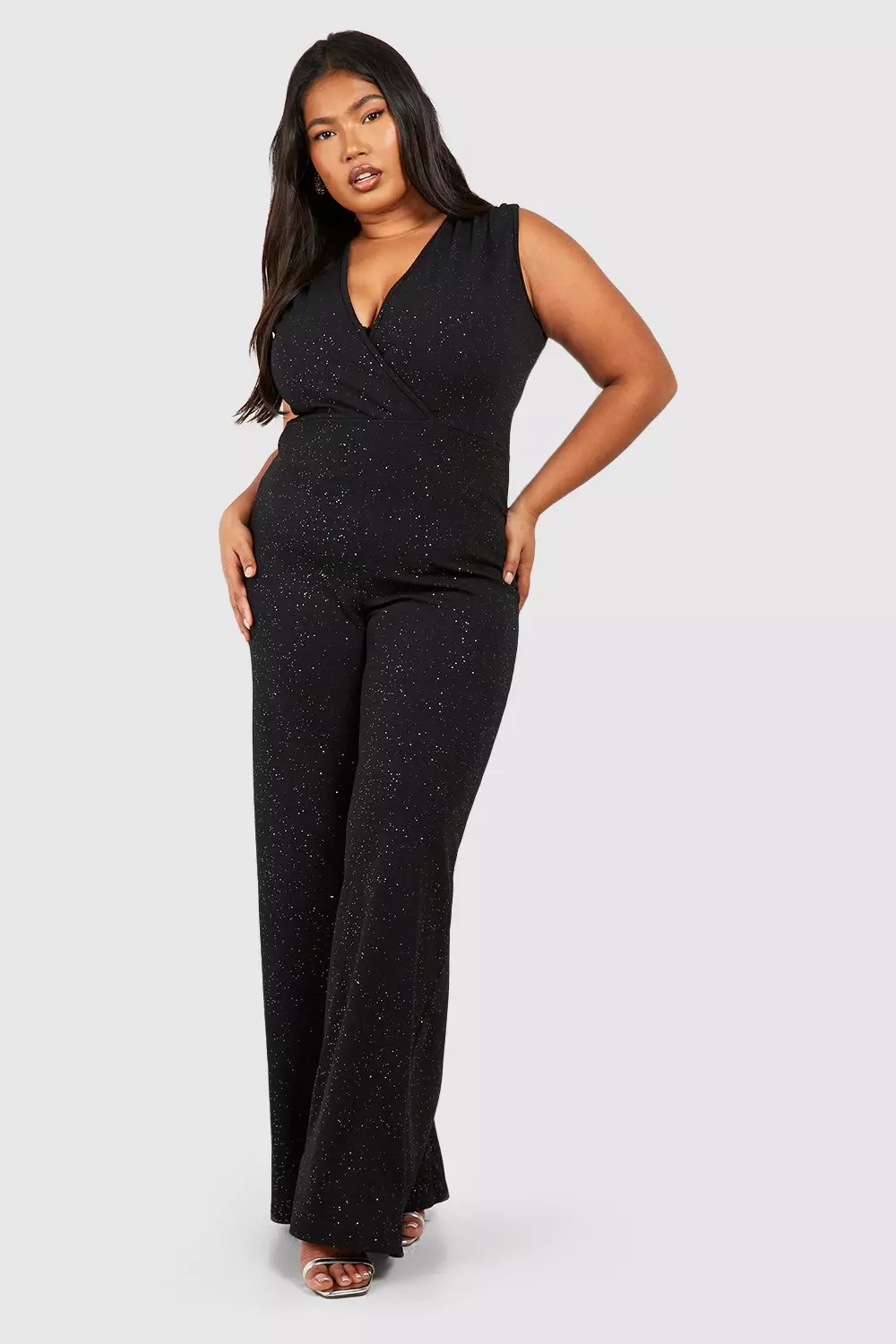 Black Plus Glitter Wrap Wide Leg Jumpsuit  alternative image