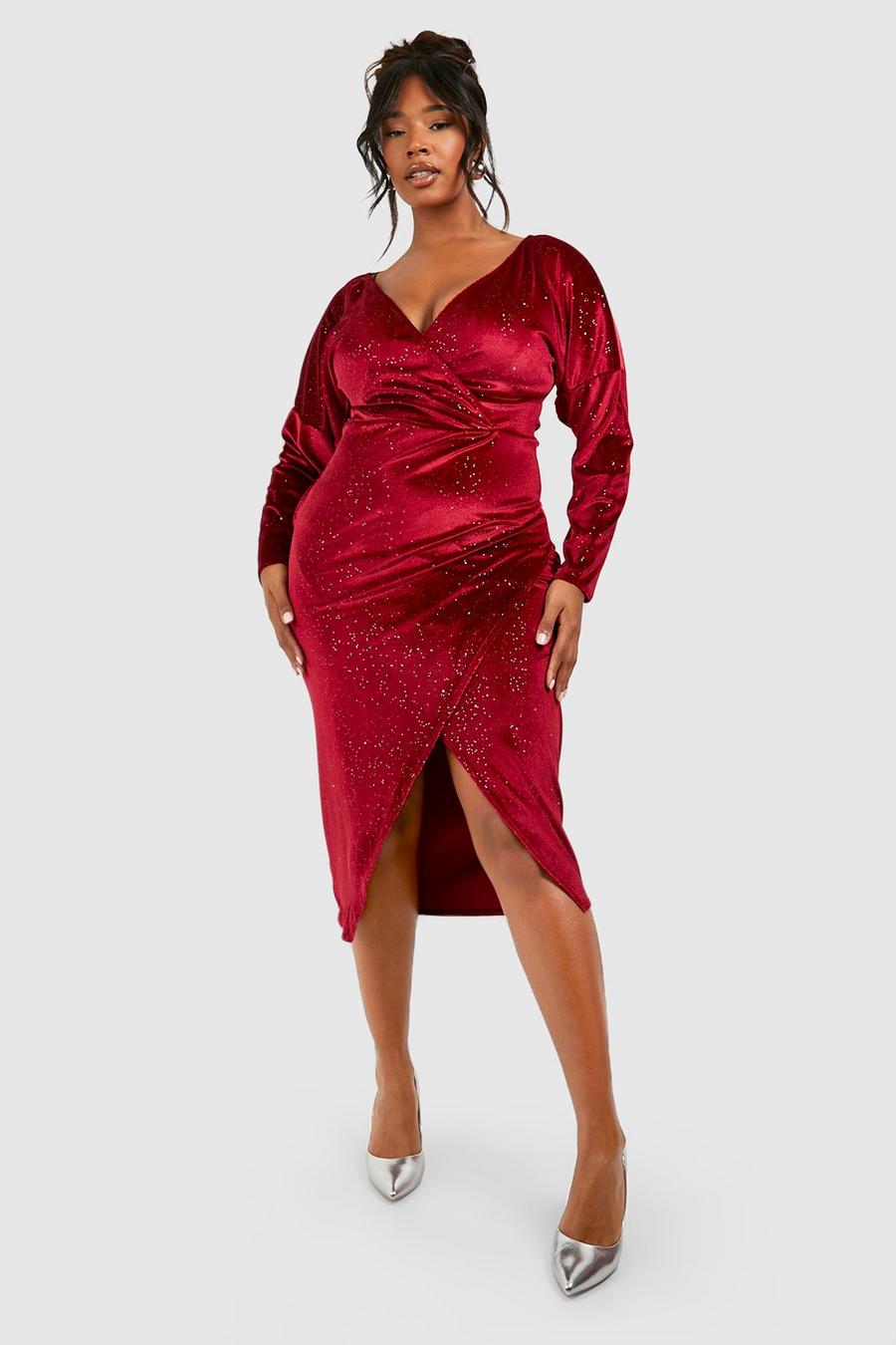 Vestito scaldacuore longuette Plus Size in velluto glitterato, Berry image number 1