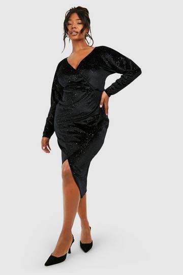 Black Plus Glitter Velvet Wrap Midi Dress