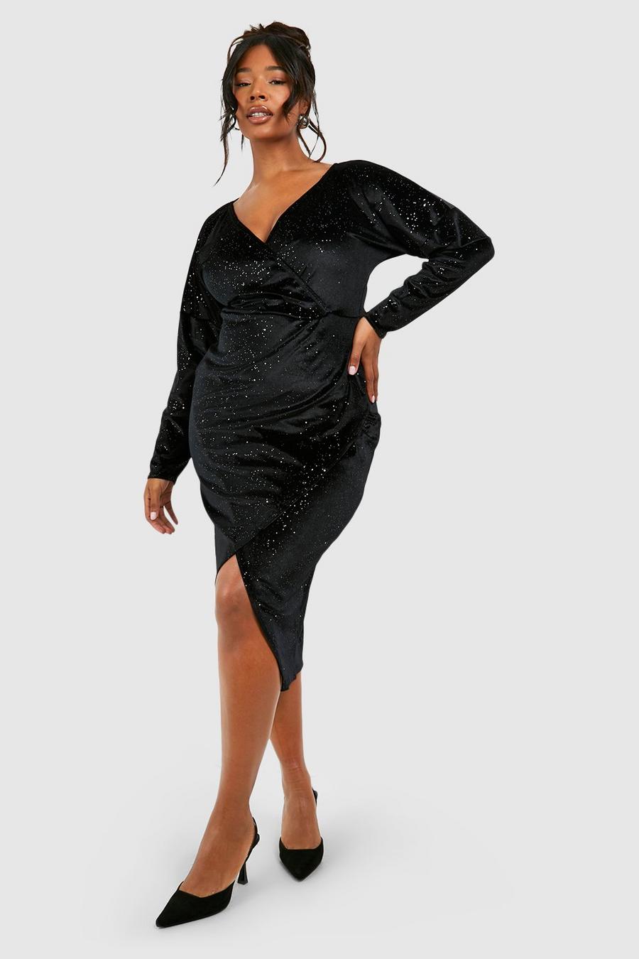 Black Plus Glitter Velvet Wrap Midaxi Dress image number 1