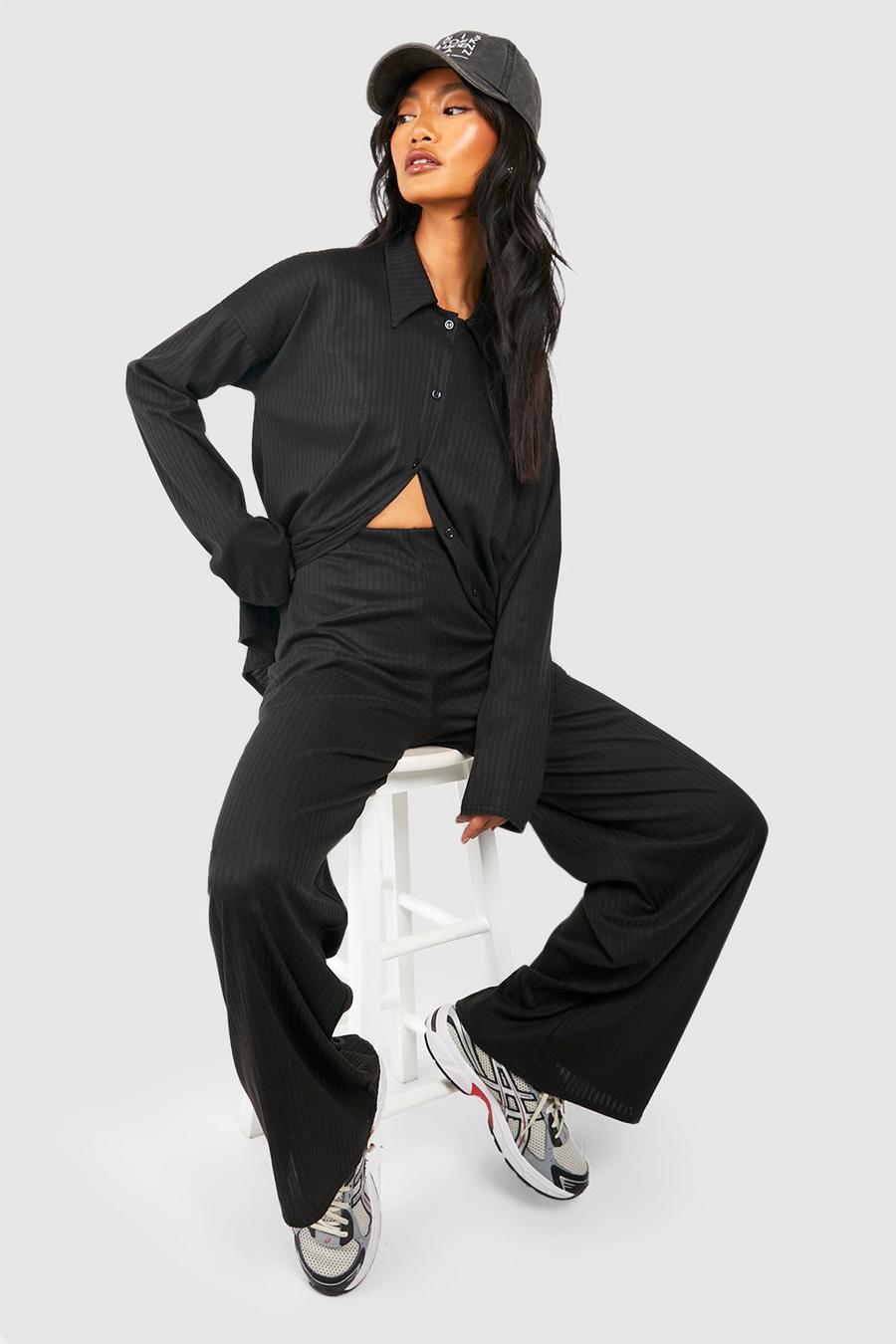 Geripptes Oversize Strick-Hemd & Hose mit weitem Bein, Black
