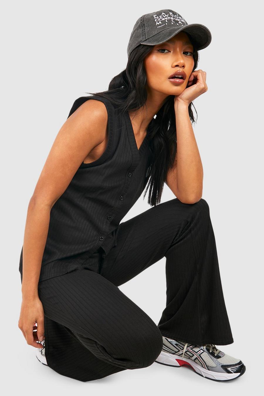 Black Rib Knit Button Through Longline Vest And Flared Trouse image number 1