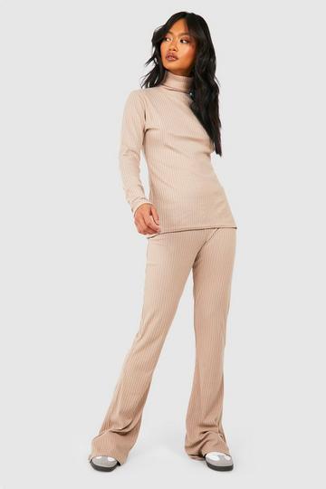 Stone Beige Rib Knit Roll Neck Split Hem Top And Trouser Co-ord