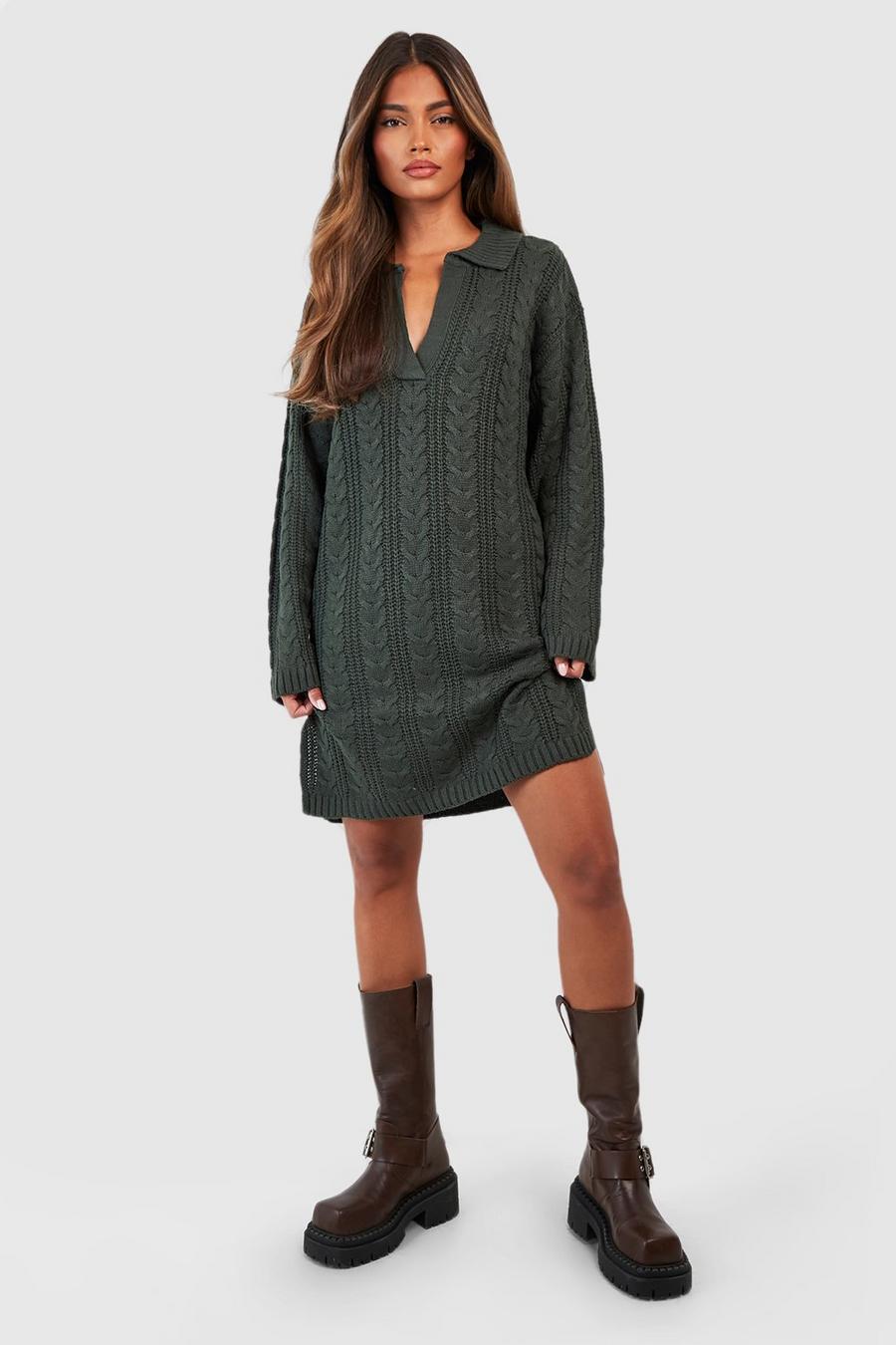 Khaki Polo Neck Cable Knitted Mini Dress image number 1
