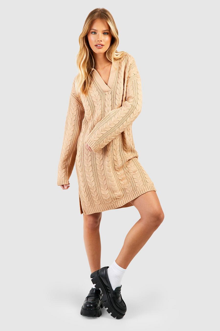 Biscuit Polo Neck Cable Knitted Mini Dress image number 1