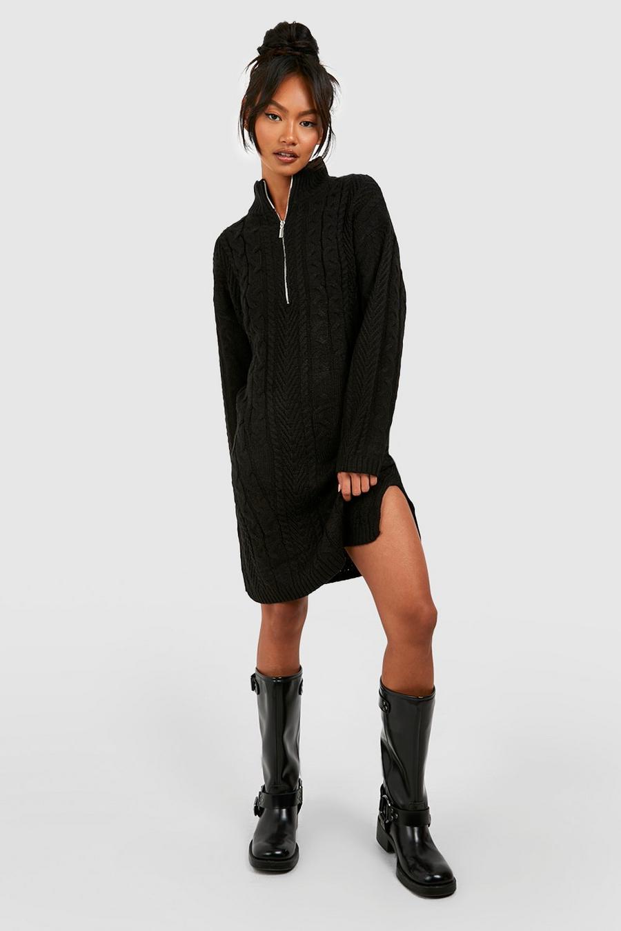Black Half Zip Cable Knitted Mini Dress
