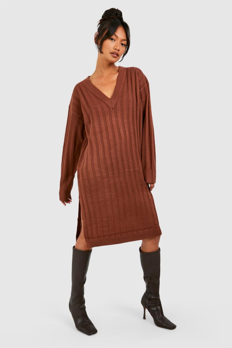 Brown Rib Knit Midi Dress