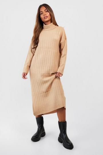 Camel Beige Turtleneck Oversized Rib Knit Dress